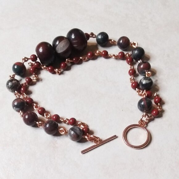 Bloodstone + Agate + Red Jasper ~ Handmade 2 Strand Layer Bracelet for 8" Wrist - Picture 1 of 9